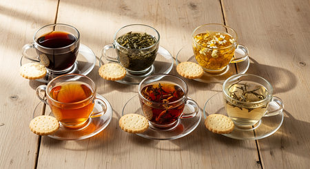 assortment of tea in glass cups and crackers on wooden tableの素材
