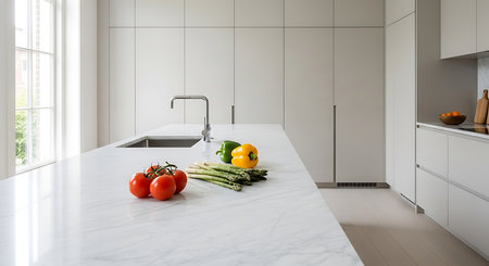 Modern white kitchen interior with white marble countertops and white cupboardsの素材