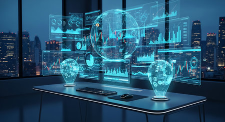 Close up of modern office desktop with laptop and digital charts. 3D renderingの素材