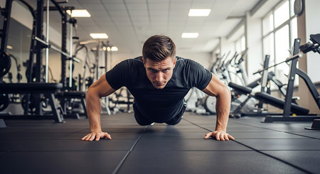 Athletic man doing push-ups in the gym.の素材