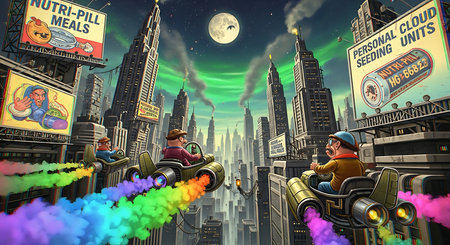 Fantasy scene with a couple of people riding a race car in a city.の素材