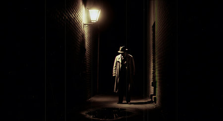 Man in a coat and hat standing in a dark alley at nightの素材