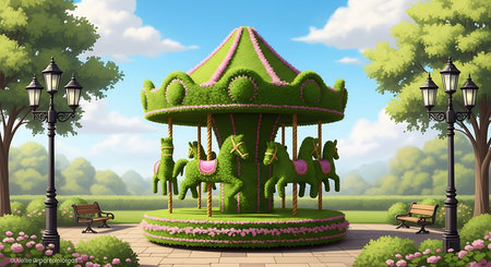 Illustration of a green carousel in the park on a sunny dayの素材