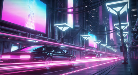 Car on the road with neon lights. 3d rendering toned image double exposureの素材