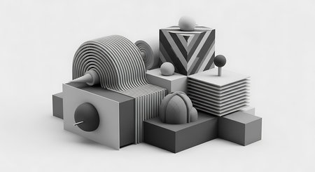 Abstract 3d rendering of geometric shapes in black and white background.の素材