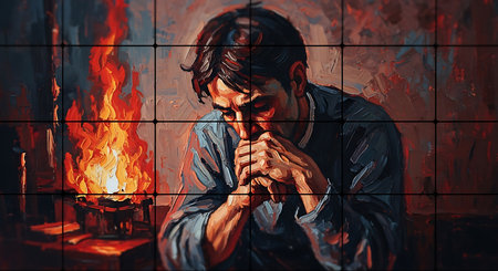 Praying man with a burning candle in a dark room.の素材