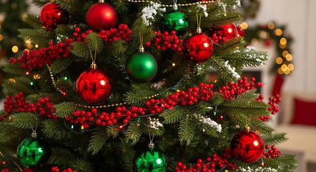 Christmas tree with red and green baubles on blurred background, closeupの素材
