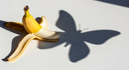 Banana and butterfly shadow on white background. Minimal style.の素材