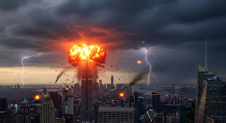 Conceptual image of a big explosion with lightning over the cityの素材