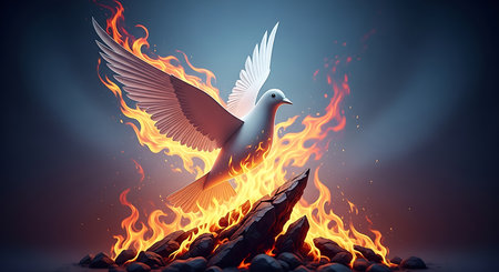 Pigeon flying on a background of burning fire. 3d renderingの素材