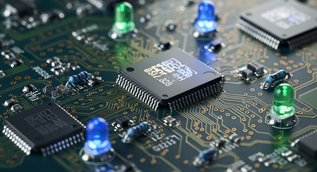 Close-up of electronic circuit board with electronic components. Technology backgroundの素材