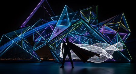 Silhouette of businessman in suit and cape against geometric background. Mixed mediaの素材