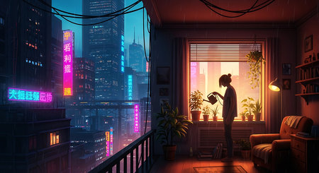 Woman standing on balcony and looking at night city. 3D renderingの素材