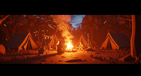 Illustration of a bonfire in the night forest, 3d renderの素材