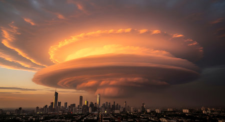 Storm over the city at sunset, panoramic view of the cityの素材