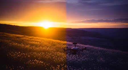 Drone flying over the field of wildflowers at sunset.の素材