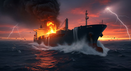 Cargo ship in stormy sea. 3d render illustration.の素材