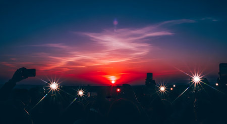 Silhouette of a concert crowd at sunset with fireworks in the skyの素材