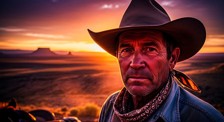 Portrait of a cowboy at sunset in the desert of Arizona.の素材