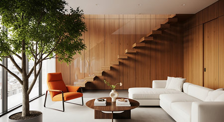 Modern living room interior with wooden walls, concrete floor, white sofa, coffee table and orange armchair. 3d renderingの素材