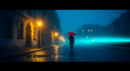 Woman in raincoat with red umbrella on the street at night.の素材
