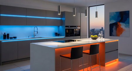 3d Illustration of modern kitchen in a house with a beautiful designの素材