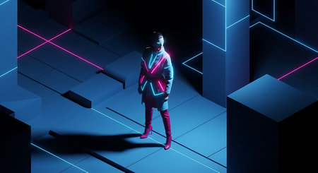 3d rendering of a man in a neon suit standing on a futuristic backgroundの素材