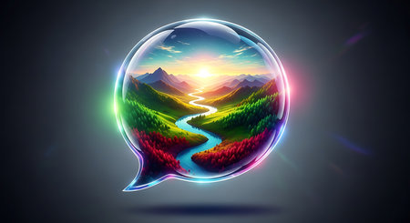 Vector illustration of speech bubble with colorful forest and river on dark background.の素材