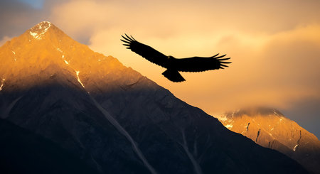 Silhouette of a flying eagle against the background of the mountainsの素材