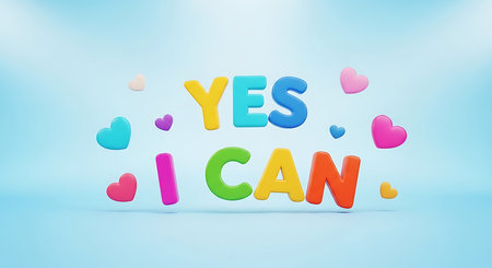 Yes I Can message with hearts on blue background. 3D renderingの素材