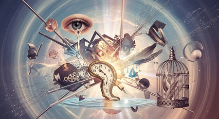 Conceptual image with floating objects and symbols. 3d renderingの素材