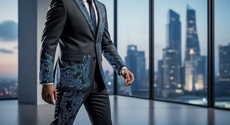 Unrecognizable businessman standing in modern office with circuit board on his back. Mixed mediaの素材