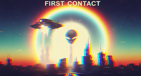 Futuristic city. Futuristic city with flying saucer. Vector illustrationの素材