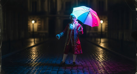 Young woman with an umbrella in the rain in the city at nightの素材