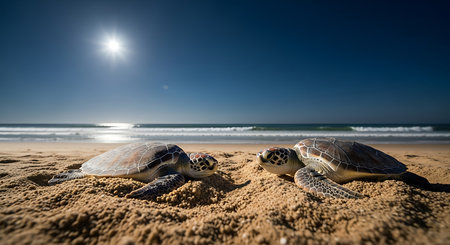 Green sea turtles resting on a sandy beach at sunset in Hawaii.の素材