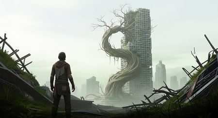 3D illustration of a man standing in front of a futuristic buildingの素材