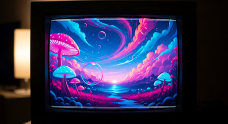 TV screen with fantasy landscape and magic mushrooms. 3d illustration.の素材