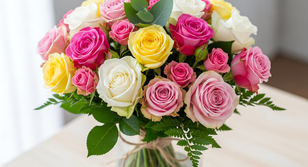 Bouquet of colorful roses in vase on wooden table.の素材