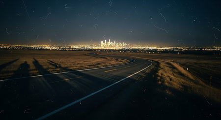 Night view of the city from the highway through the fields. Illustrationの素材
