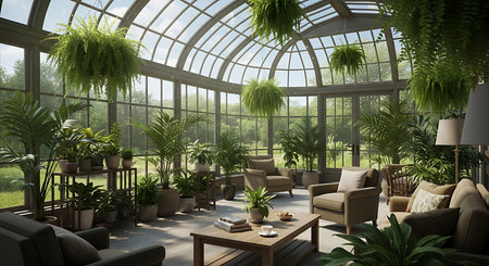 3d render of a modern living room in a botanical gardenの素材
