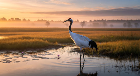 Beautiful Red-crowned crane in the meadow at sunriseの素材