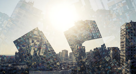 Double exposure of skyscrapers and cityscape with sunlight. Mixed mediaの素材