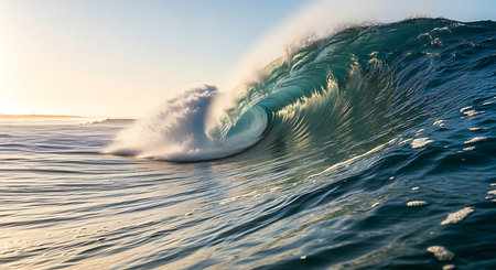 Surfing ocean wave at sunset. Action. Beautiful blue ocean wave.の素材
