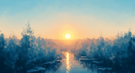 Sunset over the lake. Landscape. 3D illustration.の素材