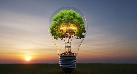 Green tree growing inside a light bulb. Eco concept. 3D renderingの素材
