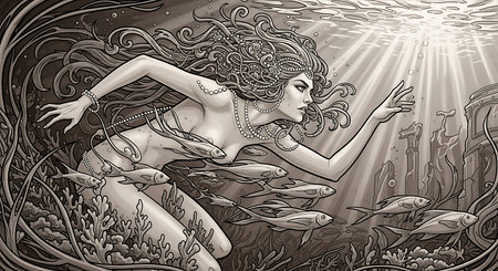 Illustration of a mermaid with a fish in her hands.の素材