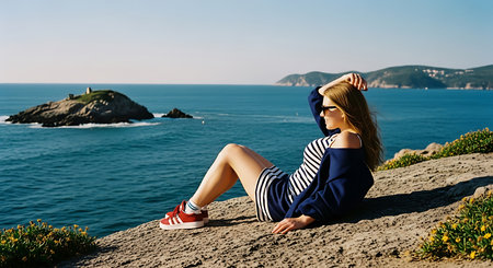 Young woman sitting on the edge of cliff and looking at the seaの素材
