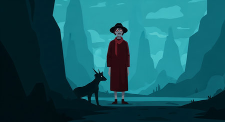 Vector illustration of a witch in a dark forest with a dog.の素材