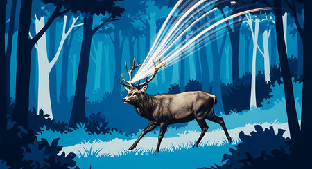 Deer in the forest with a light beam. Vector illustration.の素材