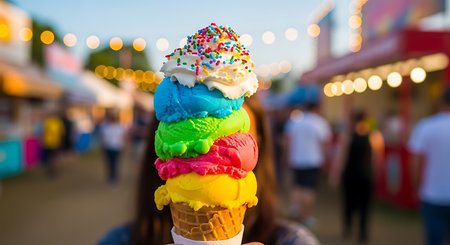 Ice cream in waffle cone with blurred people in the background.の素材